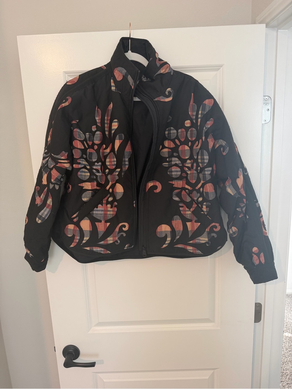 Free People Black Quilted Puffer Jacket with Multicolor Plaid Floral Print